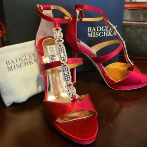 BADGLEY MISCHKA RED SATIN JEWELED OPEN TOE 7 shoes